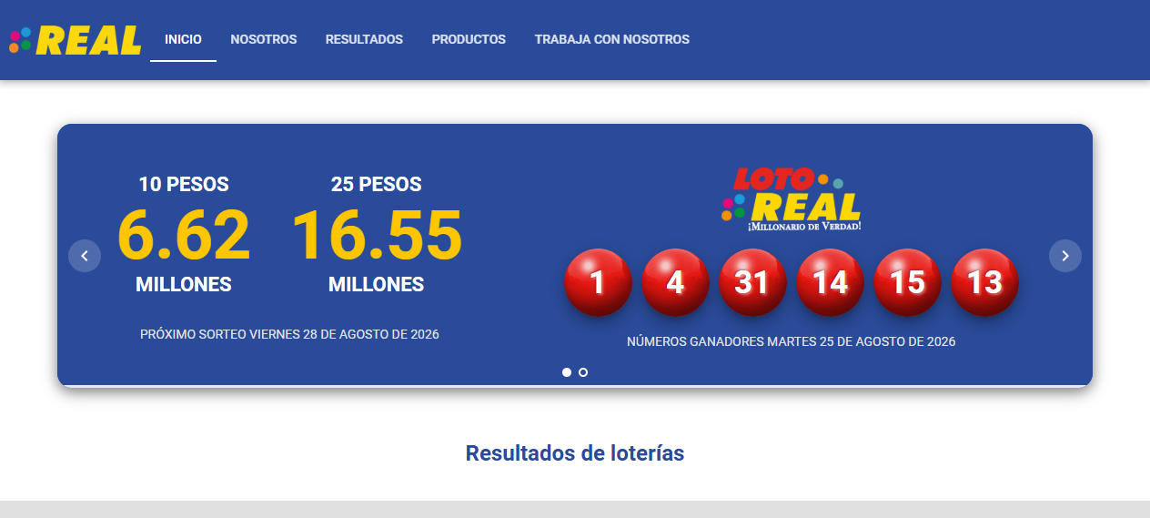 Loto Real website showing lottery results and the blue Loto Real interface